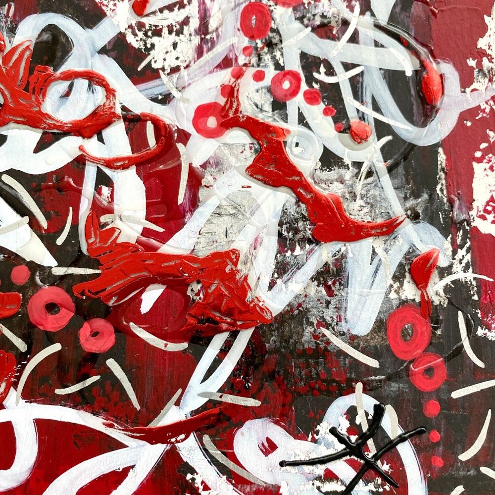 Red with Graffiti - Original Wall Art Handmade Mixed Media Painting 8"x10"